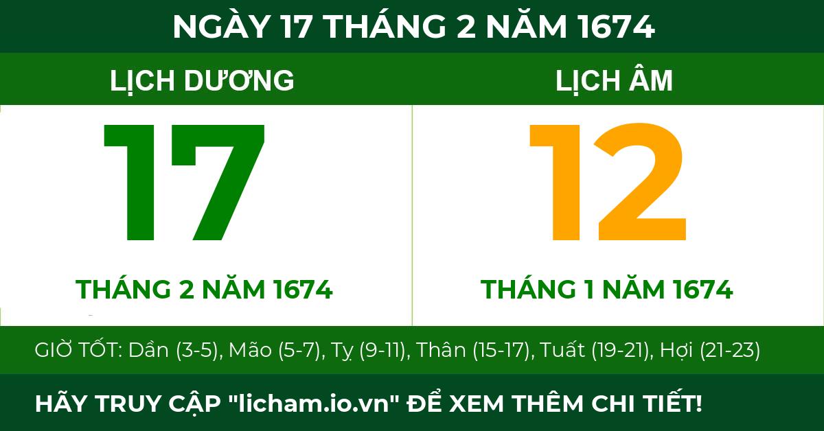 lịch âm ngày 17 tháng 2 năm 1674