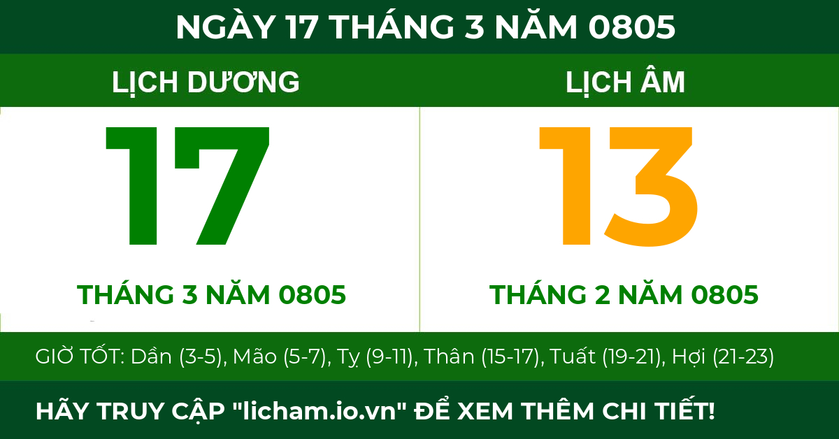lịch âm ngày 17 tháng 3 năm 0805