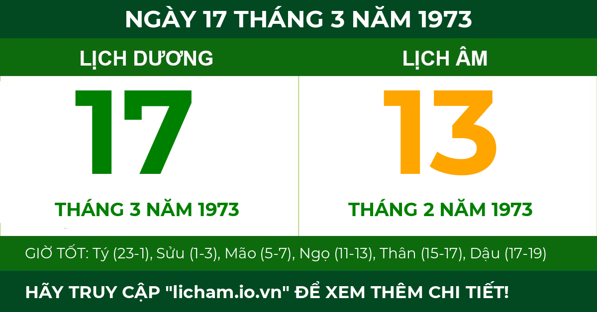 lịch âm ngày 17 tháng 3 năm 1973
