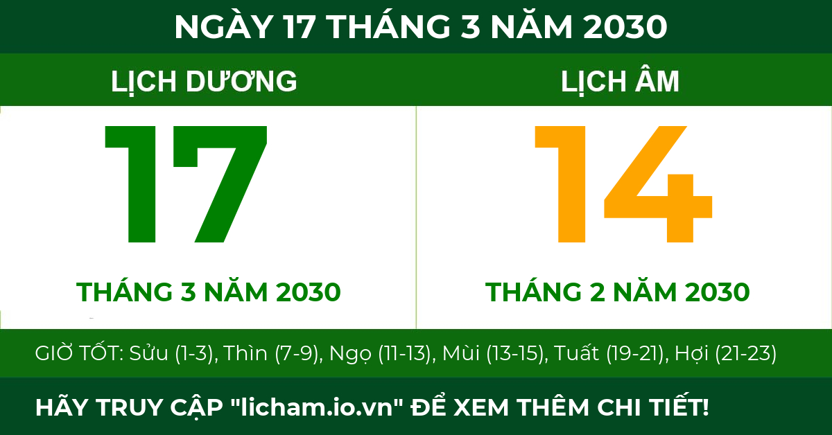 lịch âm ngày 17 tháng 3 năm 2030