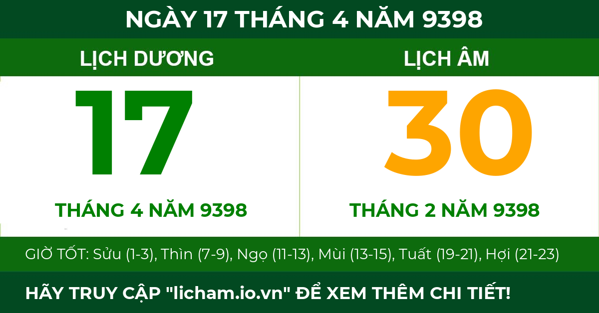 lịch âm ngày 17 tháng 4 năm 9398