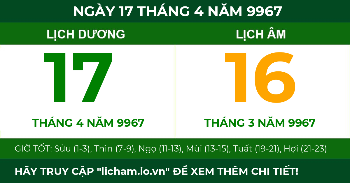 lịch âm ngày 17 tháng 4 năm 9967