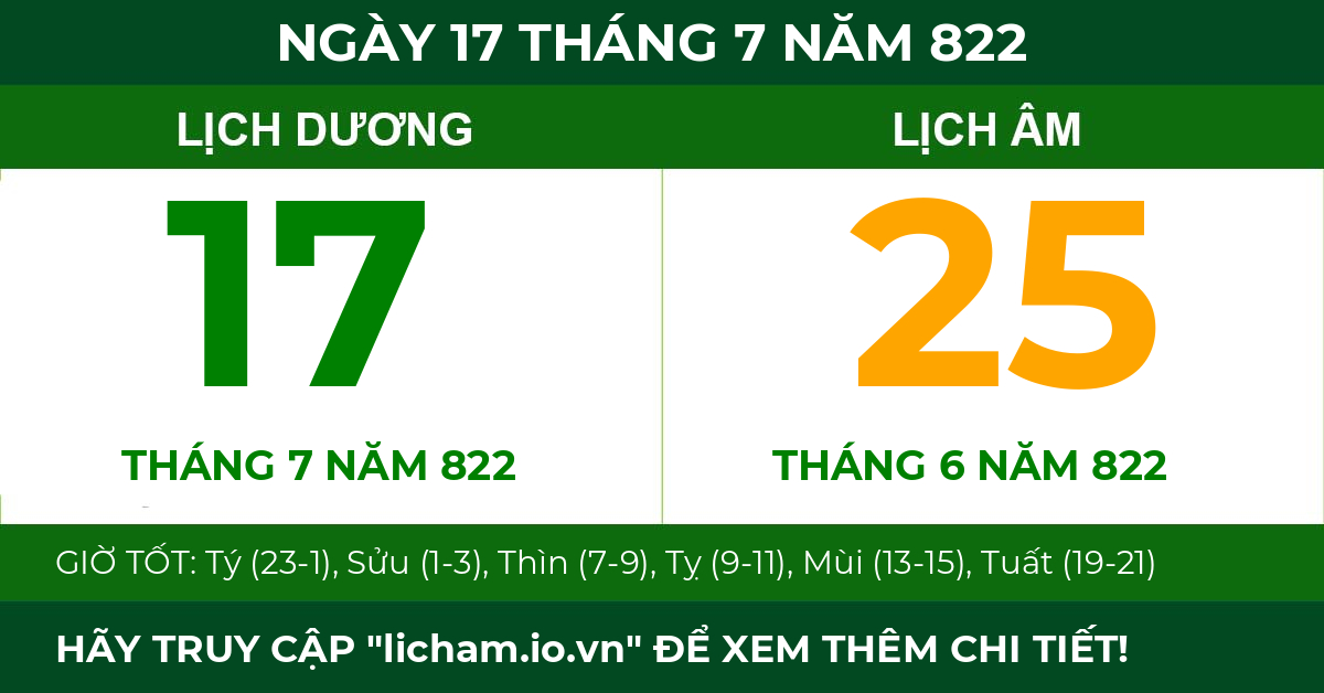 lịch âm ngày 17 tháng 7 năm 822