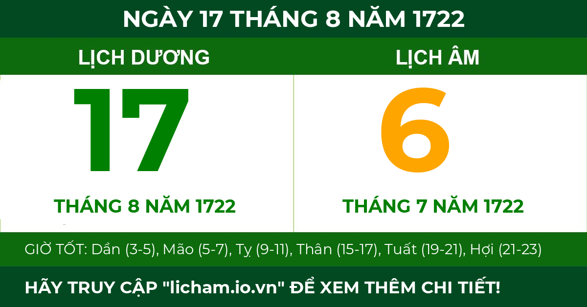 lịch âm ngày 17 tháng 8 năm 1722