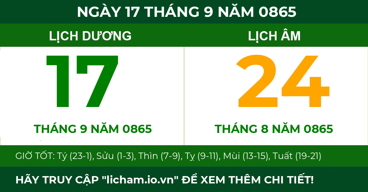 lịch âm ngày 17 tháng 9 năm 0865