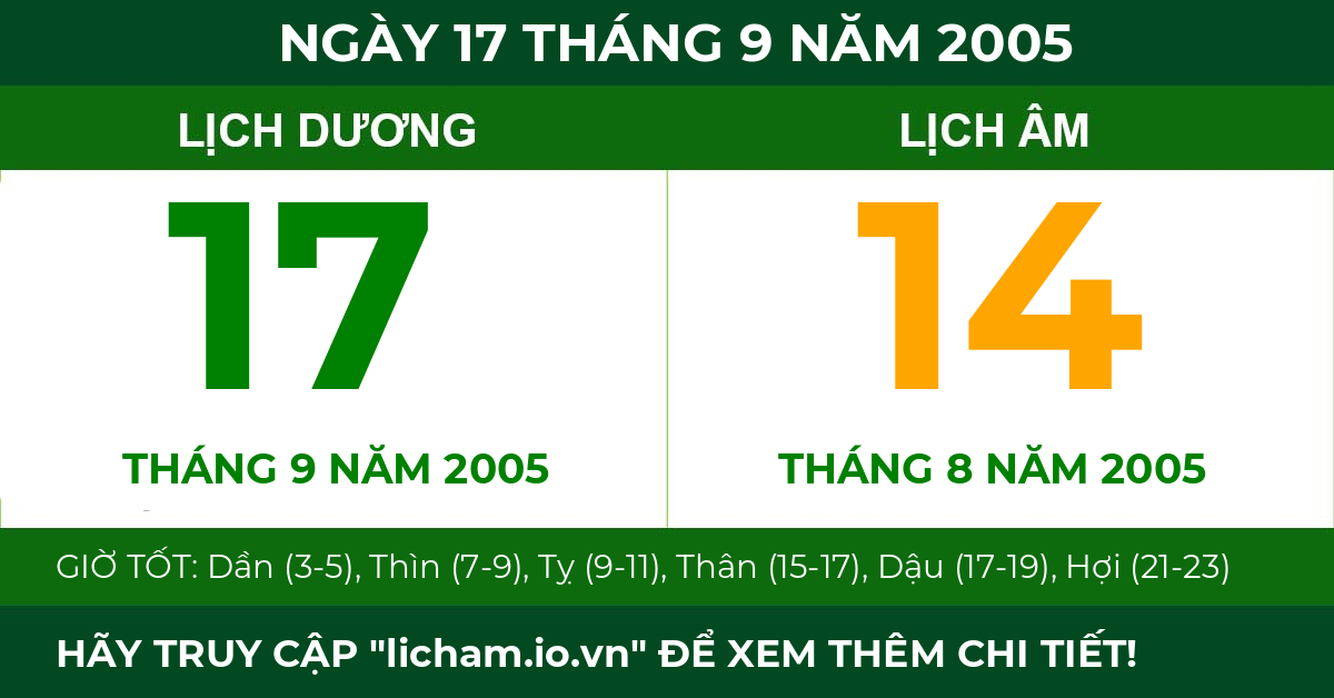 lịch âm ngày 17 tháng 9 năm 2005