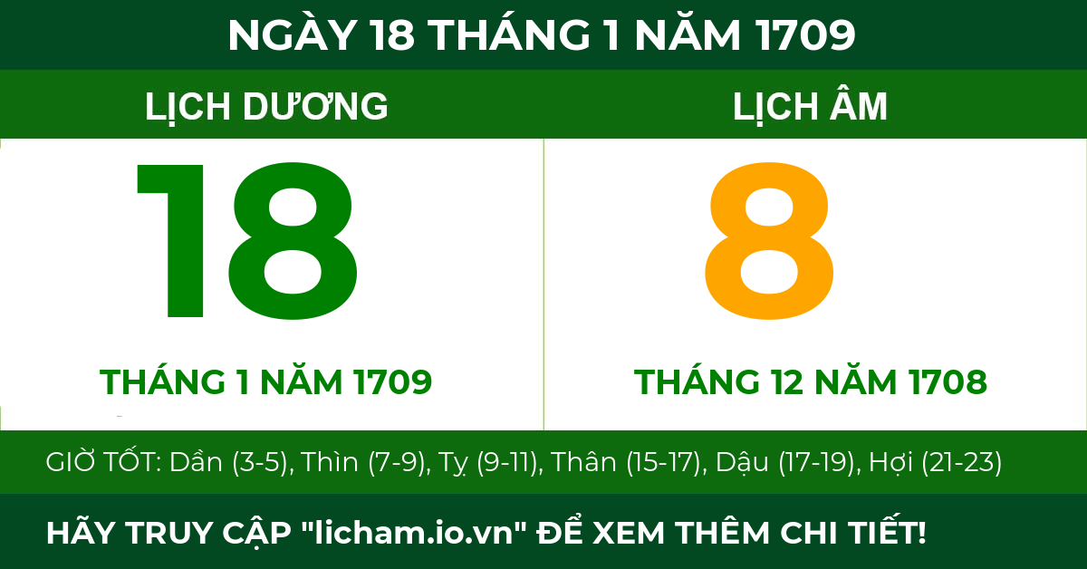 lịch âm ngày 18 tháng 1 năm 1709