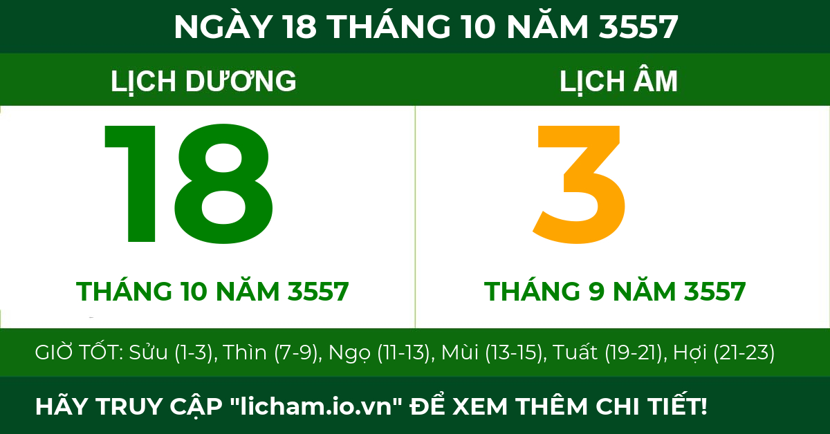 lịch âm ngày 18 tháng 10 năm 3557