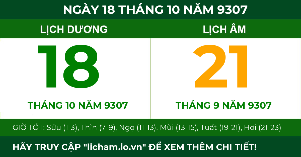 lịch âm ngày 18 tháng 10 năm 9307