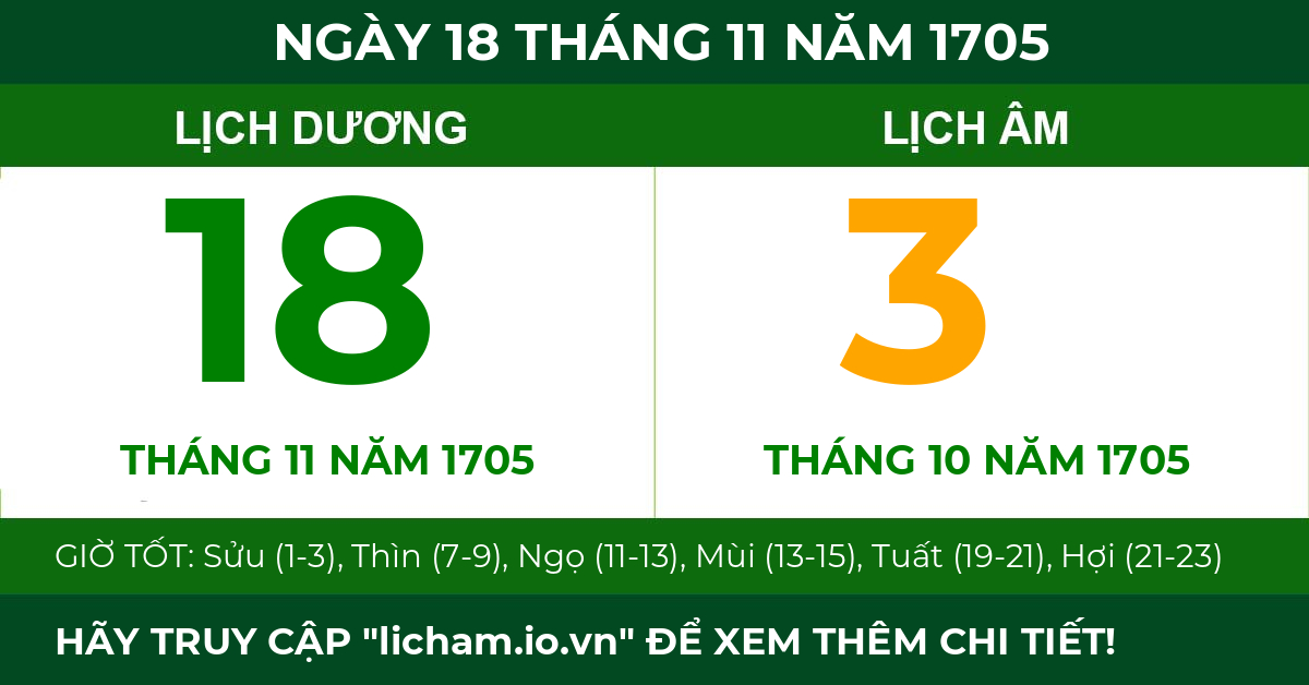 lịch âm ngày 18 tháng 11 năm 1705
