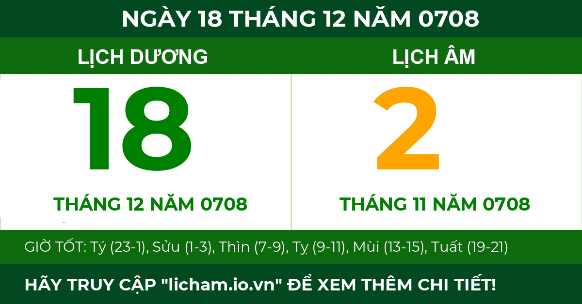 lịch âm ngày 18 tháng 12 năm 0708