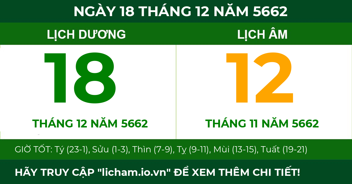 lịch âm ngày 18 tháng 12 năm 5662