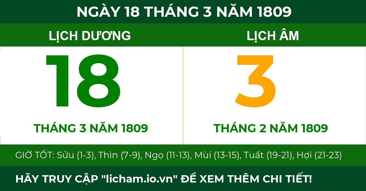 lịch âm ngày 18 tháng 3 năm 1809