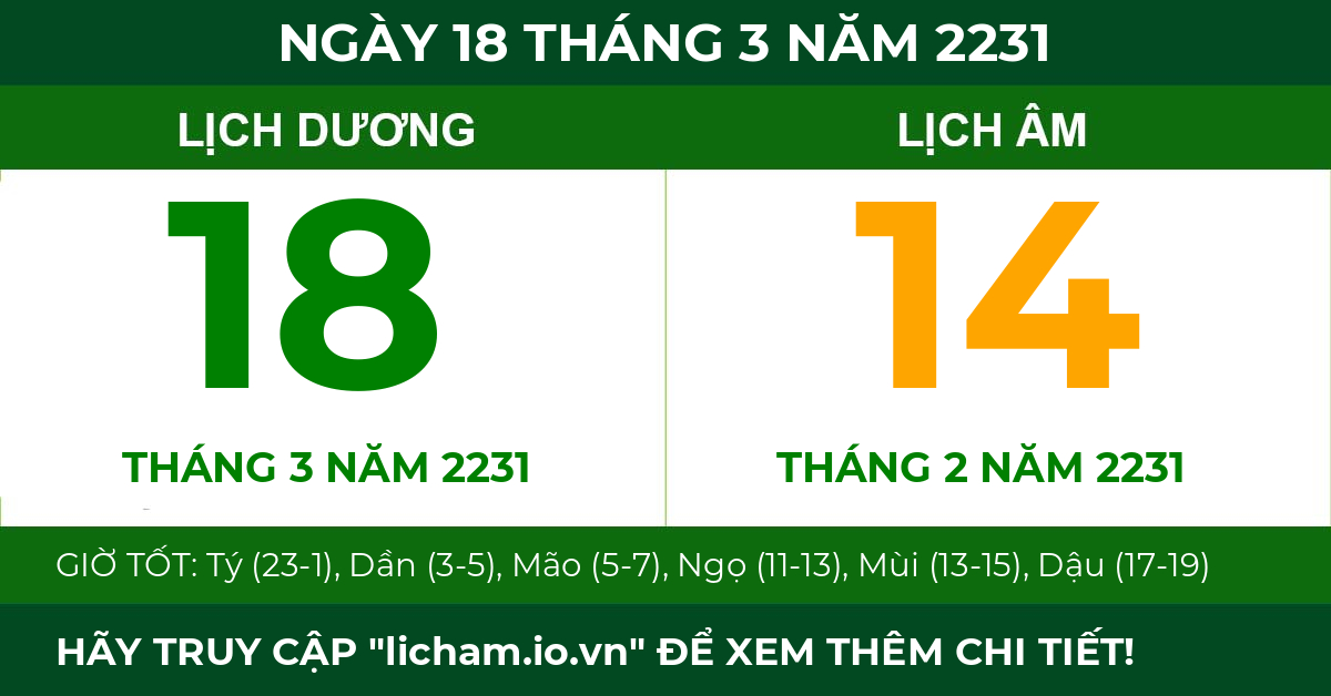 lịch âm ngày 18 tháng 3 năm 2231