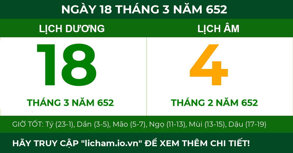 lịch âm ngày 18 tháng 3 năm 652