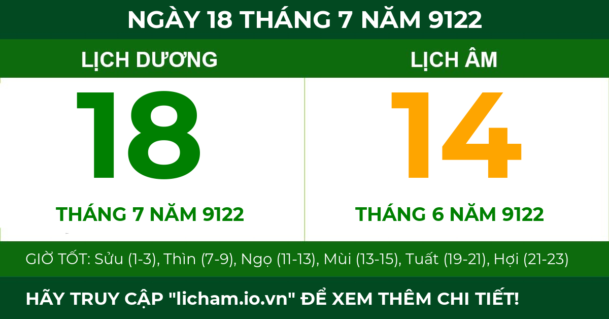 lịch âm ngày 18 tháng 7 năm 9122