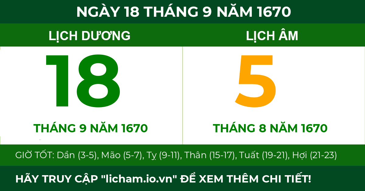 lịch âm ngày 18 tháng 9 năm 1670
