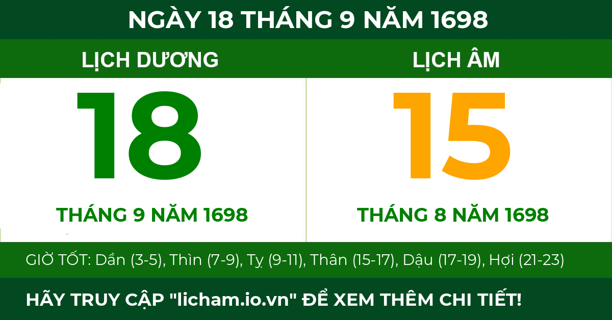 lịch âm ngày 18 tháng 9 năm 1698