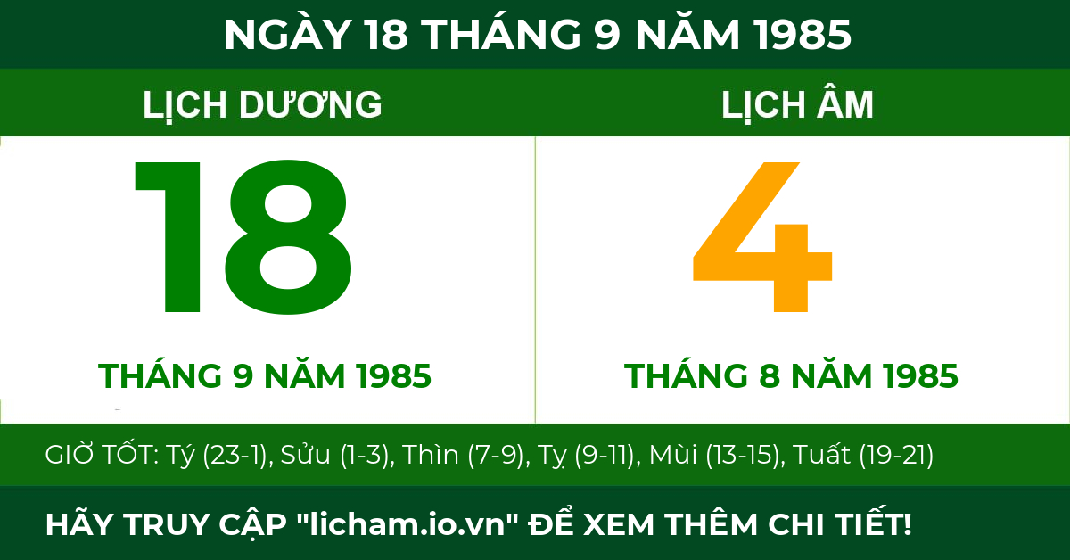 lịch âm ngày 18 tháng 9 năm 1985