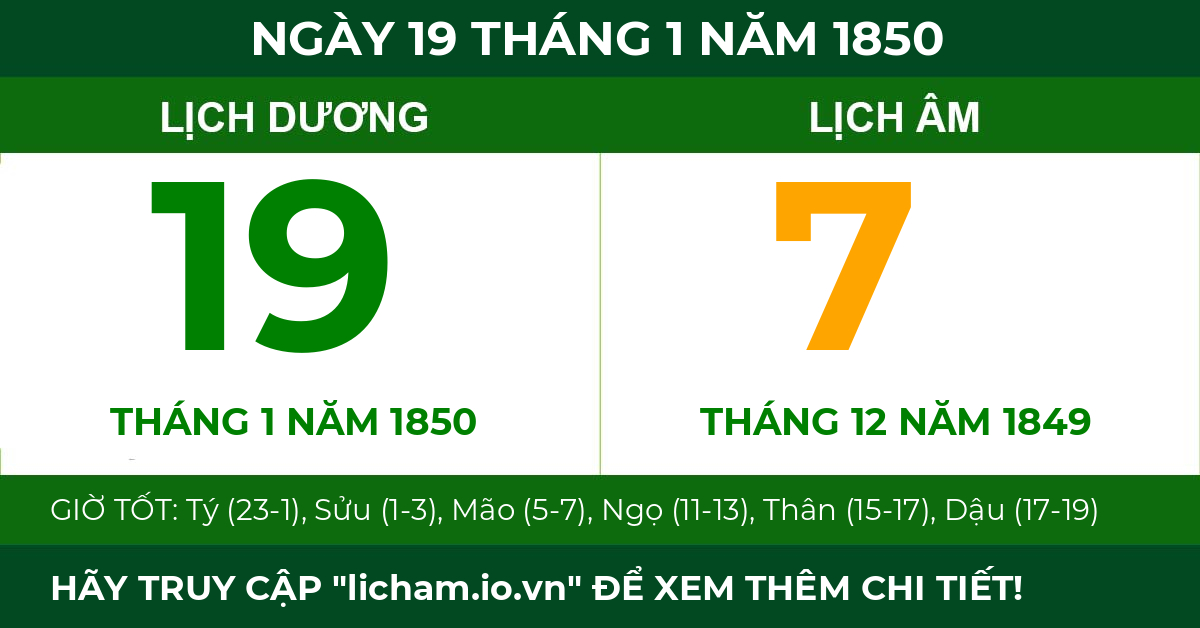 lịch âm ngày 19 tháng 1 năm 1850