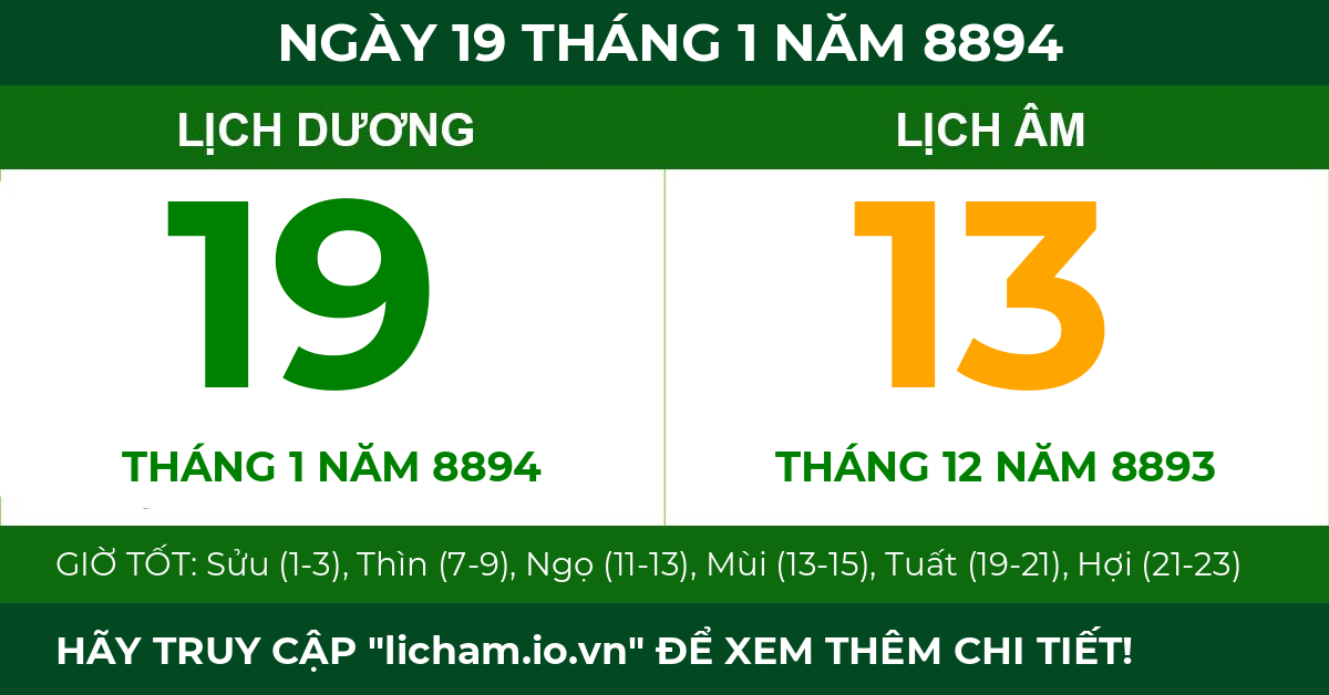 lịch âm ngày 19 tháng 1 năm 8894