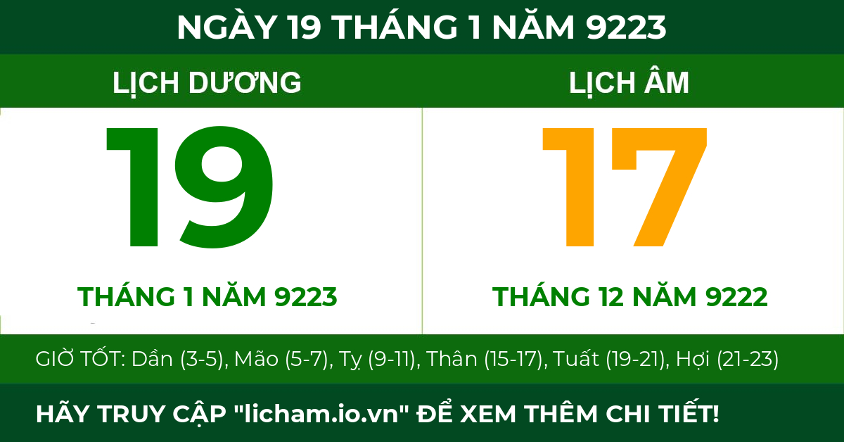 lịch âm ngày 19 tháng 1 năm 9223