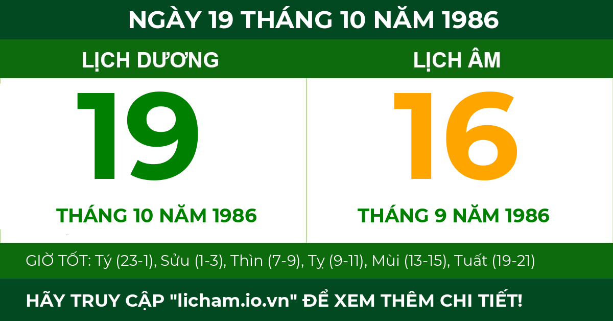 lịch âm ngày 19 tháng 10 năm 1986