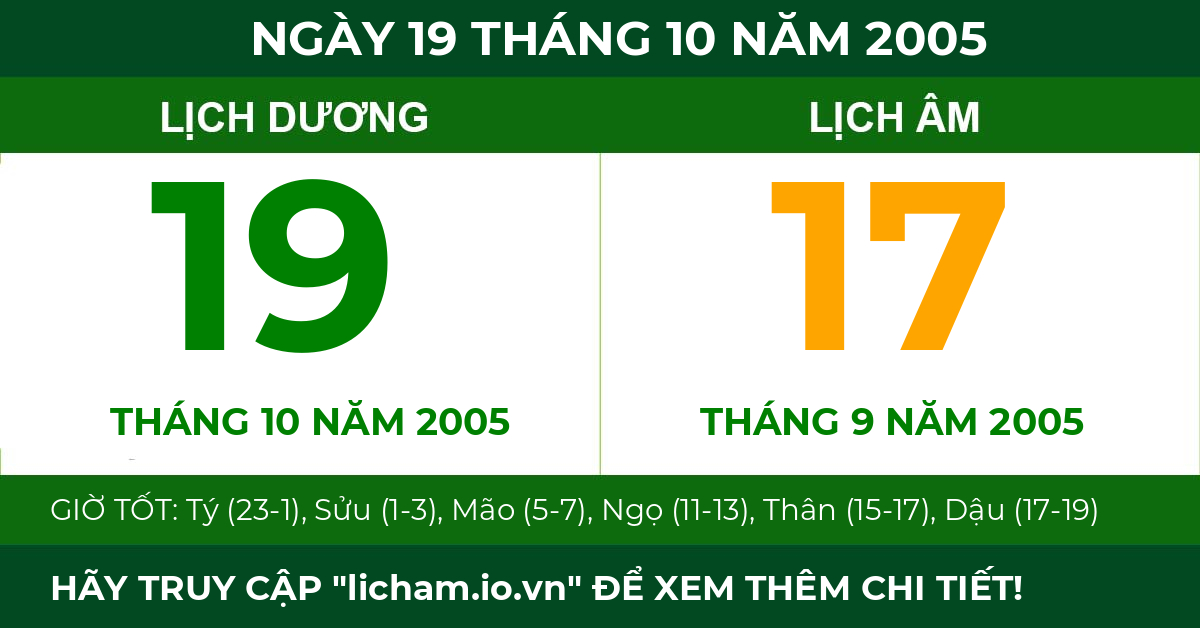 lịch âm ngày 19 tháng 10 năm 2005