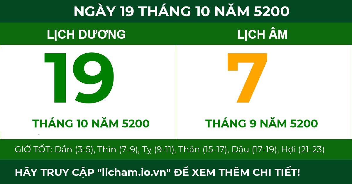 lịch âm ngày 19 tháng 10 năm 5200