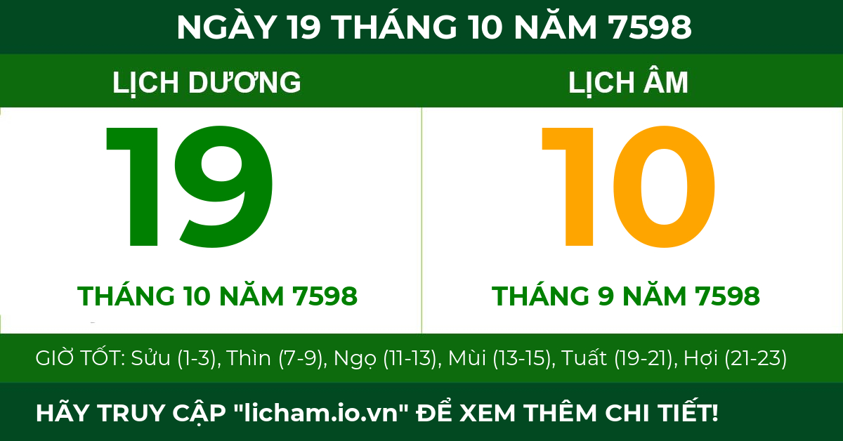 lịch âm ngày 19 tháng 10 năm 7598