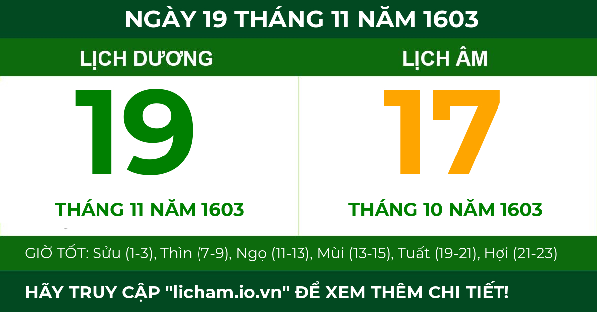 lịch âm ngày 19 tháng 11 năm 1603