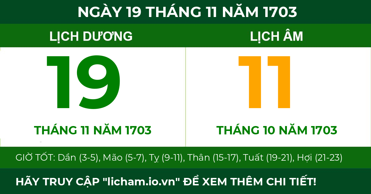 lịch âm ngày 19 tháng 11 năm 1703