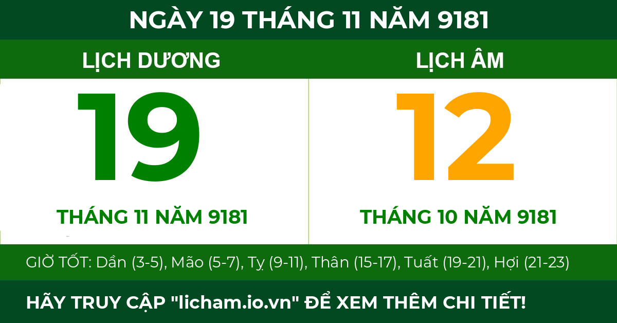 lịch âm ngày 19 tháng 11 năm 9181