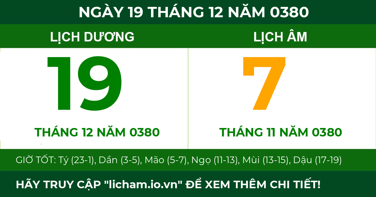 lịch âm ngày 19 tháng 12 năm 0380