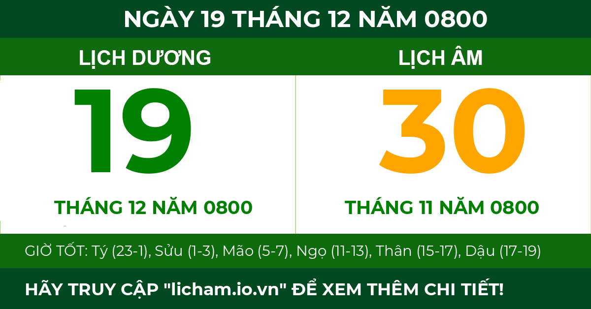 lịch âm ngày 19 tháng 12 năm 0800