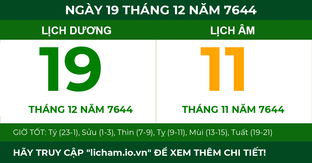 lịch âm ngày 19 tháng 12 năm 7644