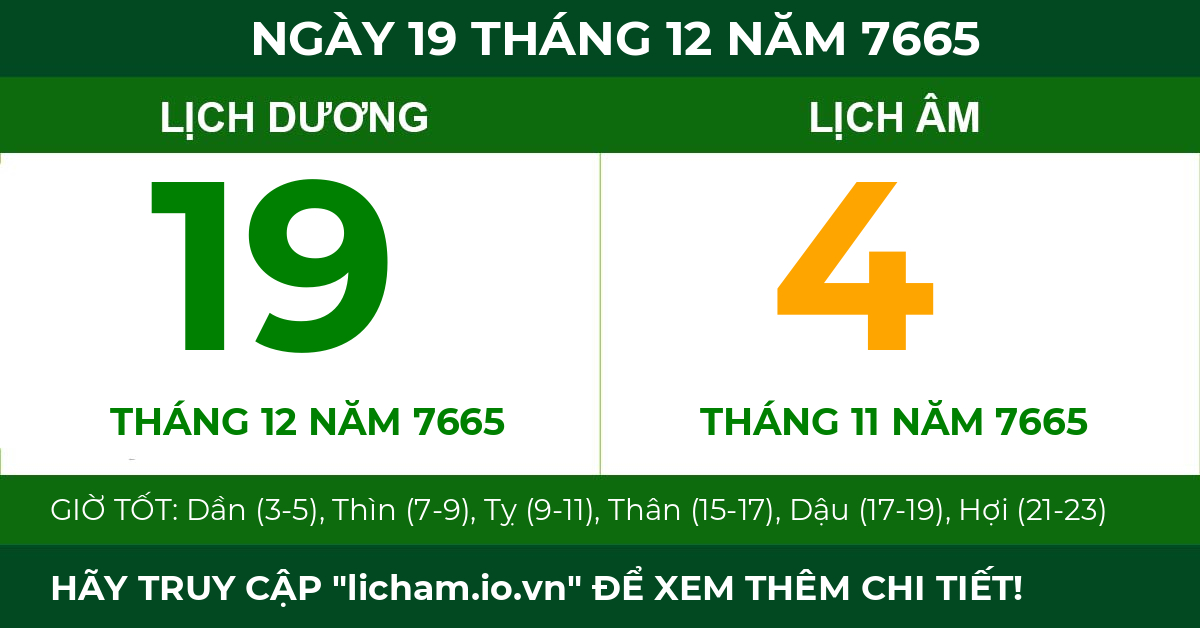 lịch âm ngày 19 tháng 12 năm 7665