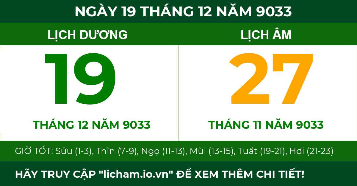 lịch âm ngày 19 tháng 12 năm 9033