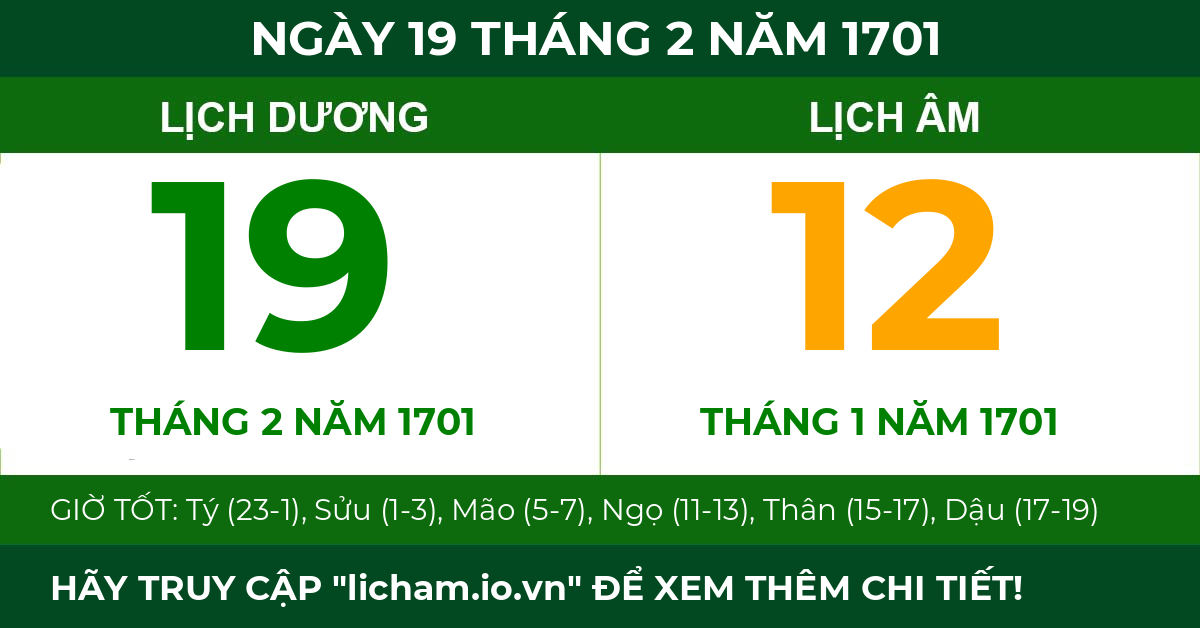 lịch âm ngày 19 tháng 2 năm 1701