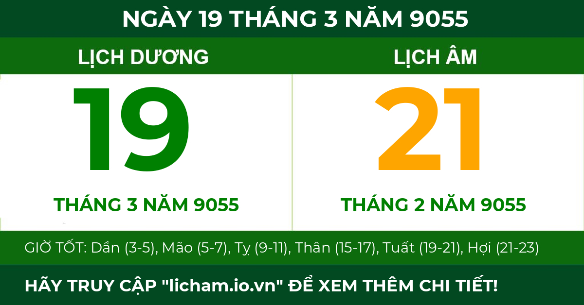 lịch âm ngày 19 tháng 3 năm 9055