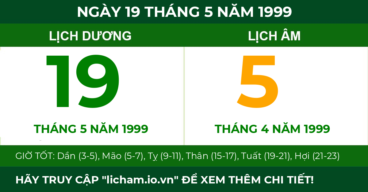 lịch âm ngày 19 tháng 5 năm 1999