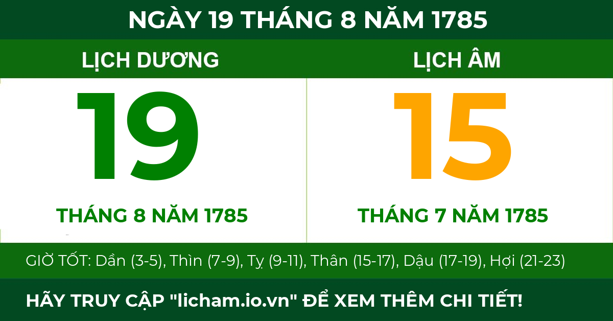 lịch âm ngày 19 tháng 8 năm 1785