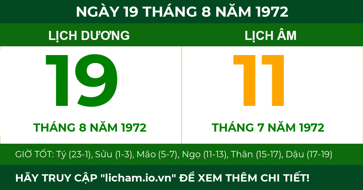 lịch âm ngày 19 tháng 8 năm 1972