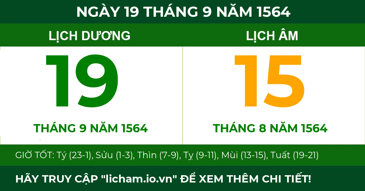 lịch âm ngày 19 tháng 9 năm 1564