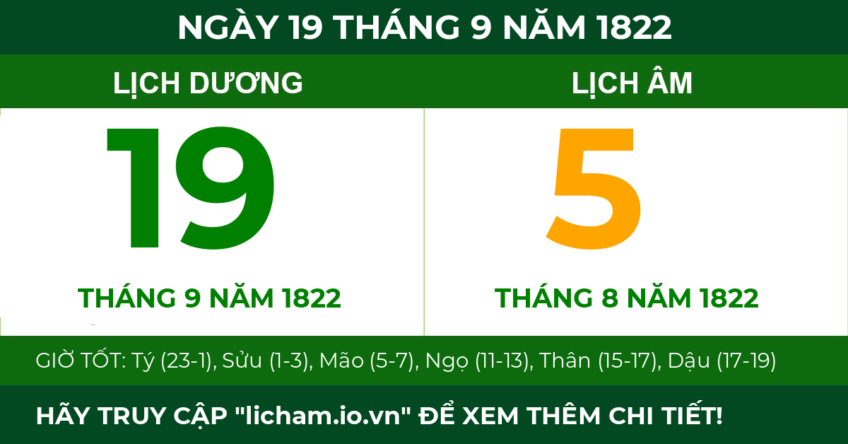 lịch âm ngày 19 tháng 9 năm 1822
