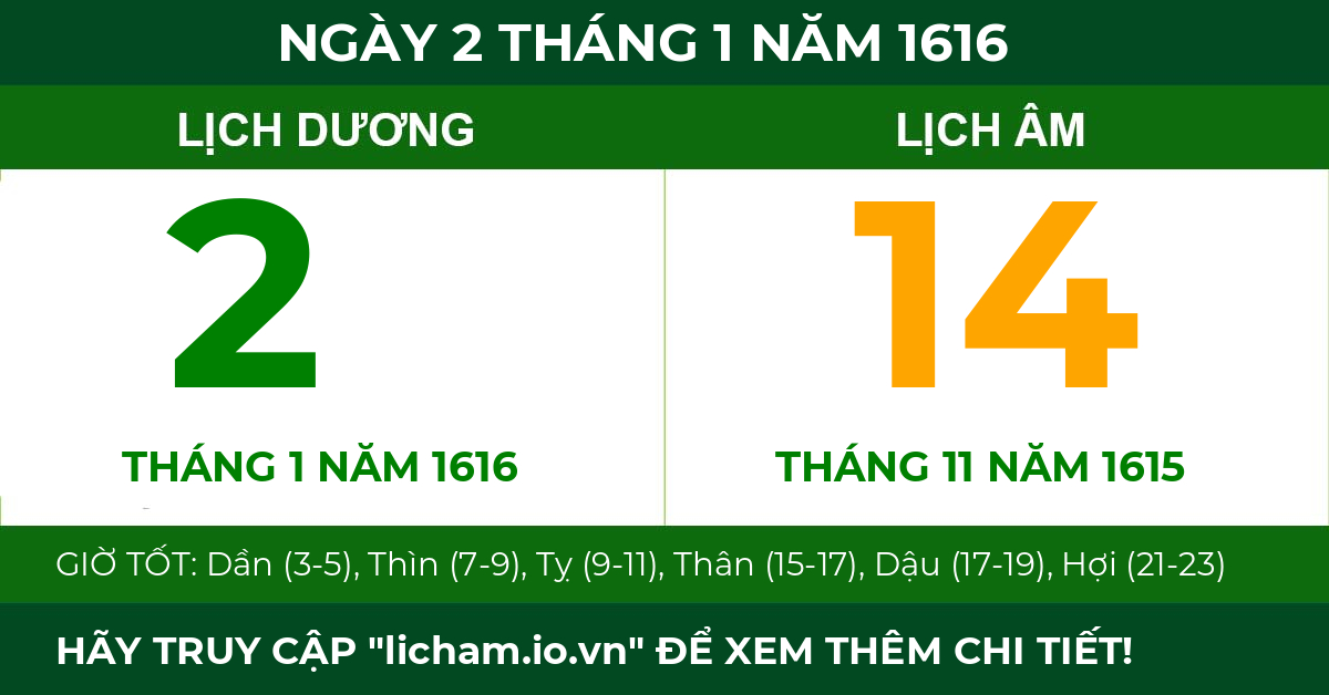lịch âm ngày 2 tháng 1 năm 1616