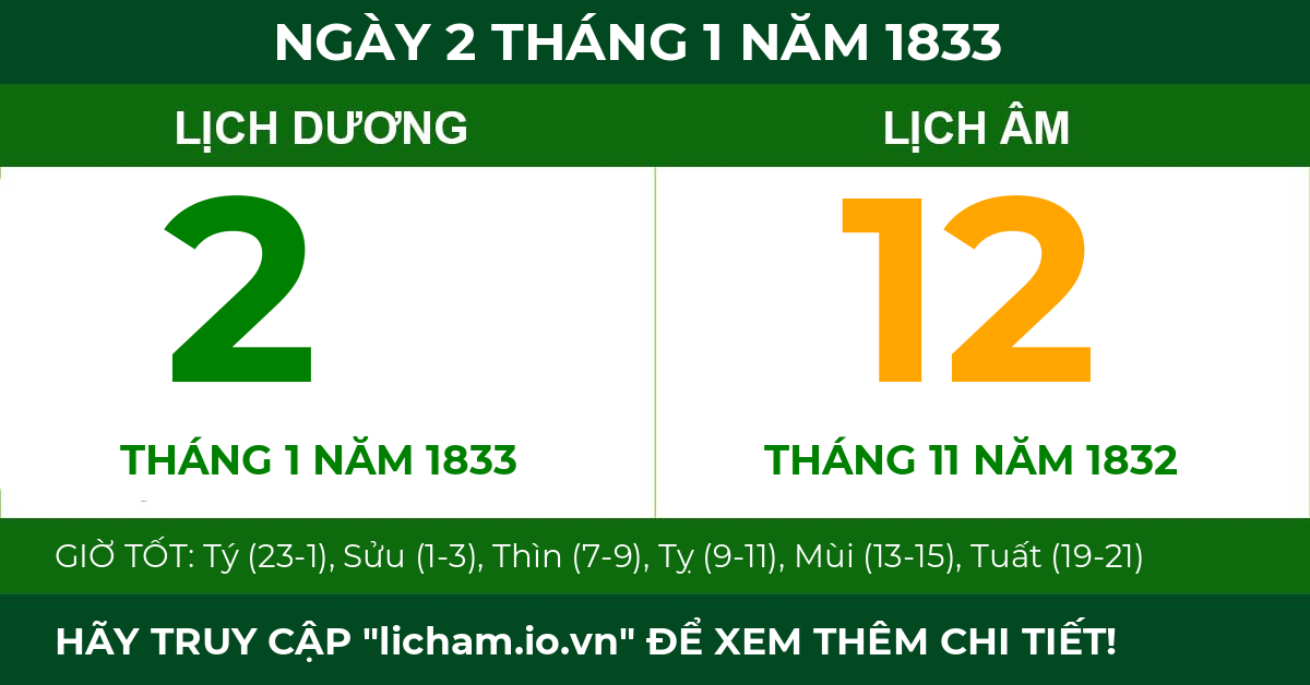 lịch âm ngày 2 tháng 1 năm 1833