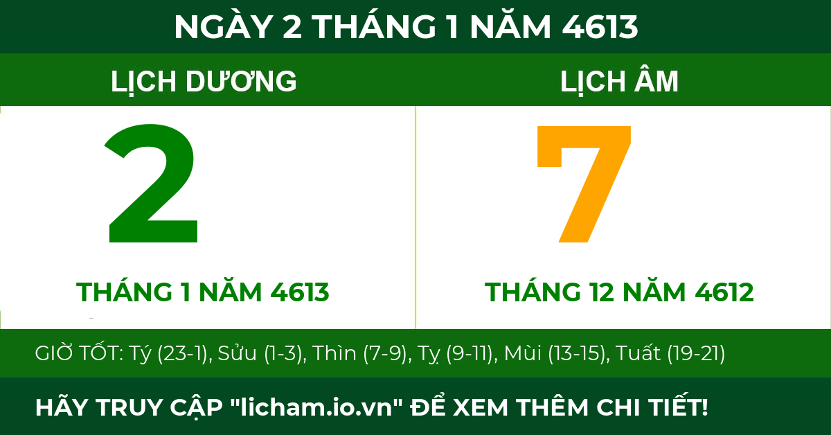 lịch âm ngày 2 tháng 1 năm 4613