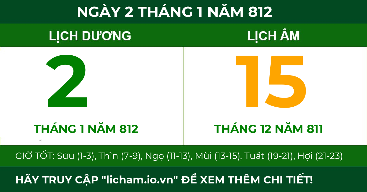 lịch âm ngày 2 tháng 1 năm 812
