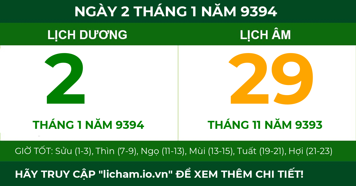 lịch âm ngày 2 tháng 1 năm 9394